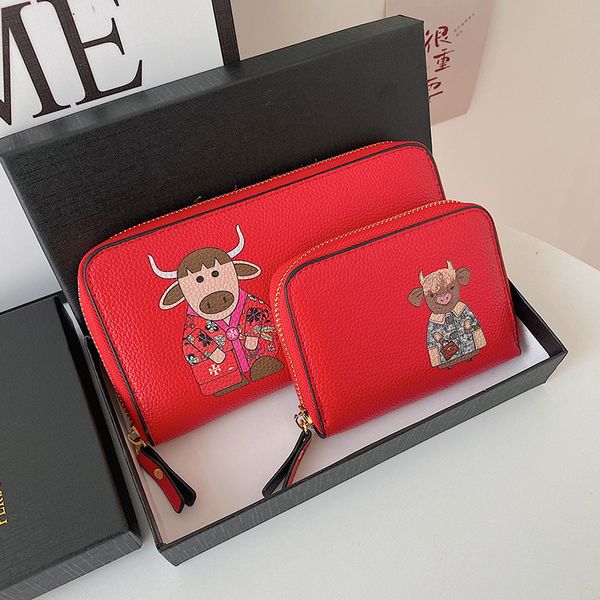 

design handbag 2021 new online red year of the early spring calf package has a good start, long and short multi card zero wallet, Red;black