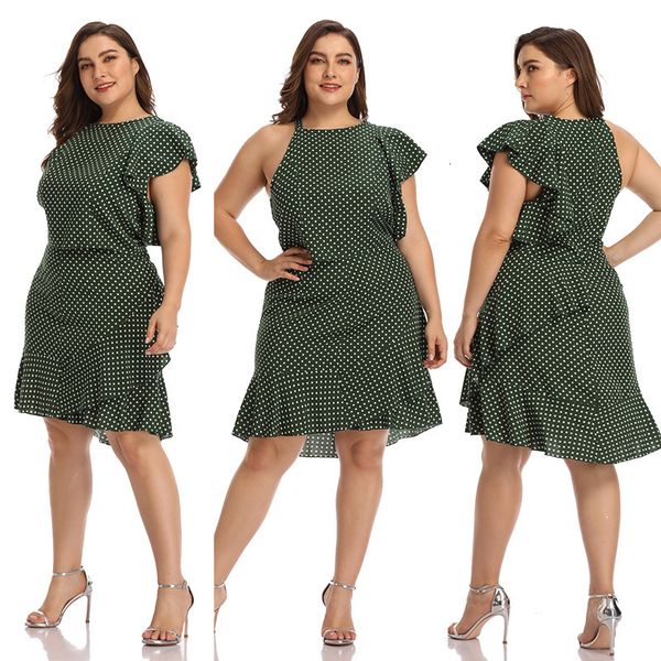 

2021 new 19229 female green polka-dot midi es summer l xl xxl 3xl 4xl fat cloth office lady wear set woman plus big size elegant r50t, Black;gray