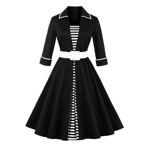 

casual dresses 2021 vintage long sleeves style great joint embellished retro dress women fashion 50s 60s maxiskit, Black;gray