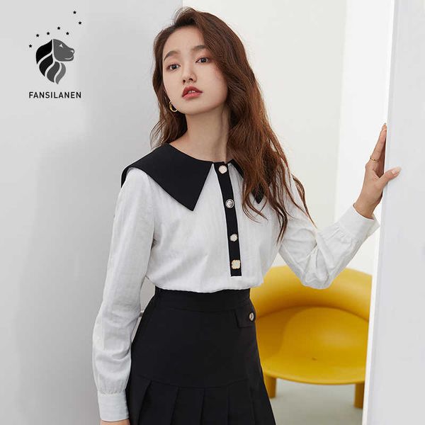 

fansilanen 100% cotton white casual blouse shirt women long sleeve patchwork elegant female office lady button up 210607