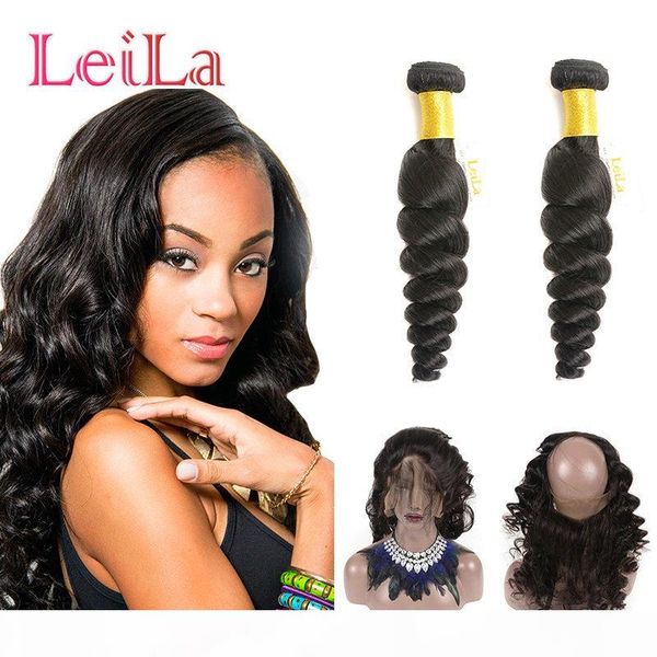 

malaysian human hair pre plucked 2 bundles one 360 lace frontal loose wave natural hairline 2 bundles with 360 lace frontal, Black;brown