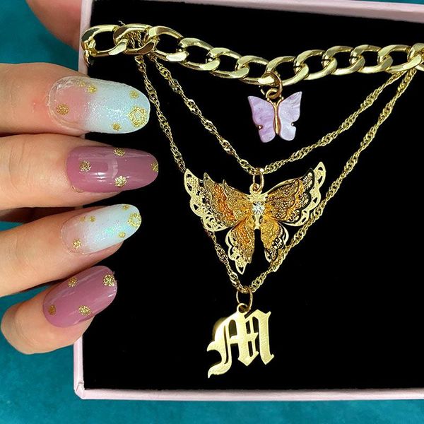

chains multilayer hollow big butterfly twisted chain pendant necklace for woman pink acrylic constellation jewelry, Silver