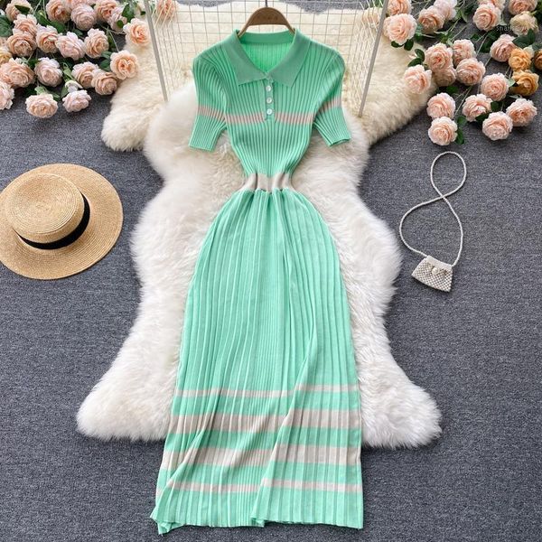 

casual dresses 2021 korean fresh vestidos female collar short sleeves hit color fight receiving waist thin knitted long dress df588, Black;gray