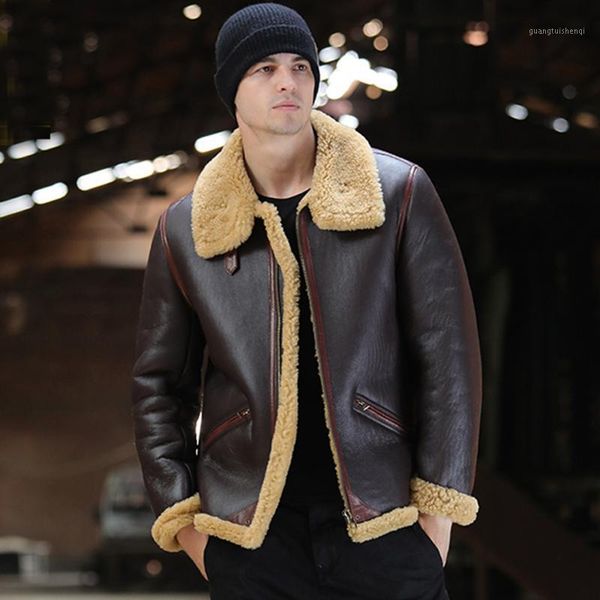 

sheepskin fur sani shearling coat brown real thick winter warm natural jackets for men men's leather & faux, Black