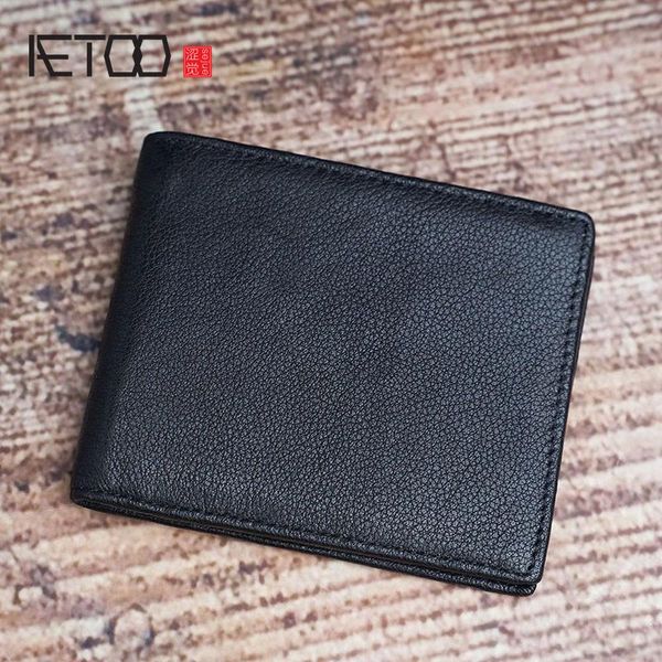 

wallets aetoo thin leather wallets, soft men's short first-layer cowhide fashion classic trendy youth, Red;black