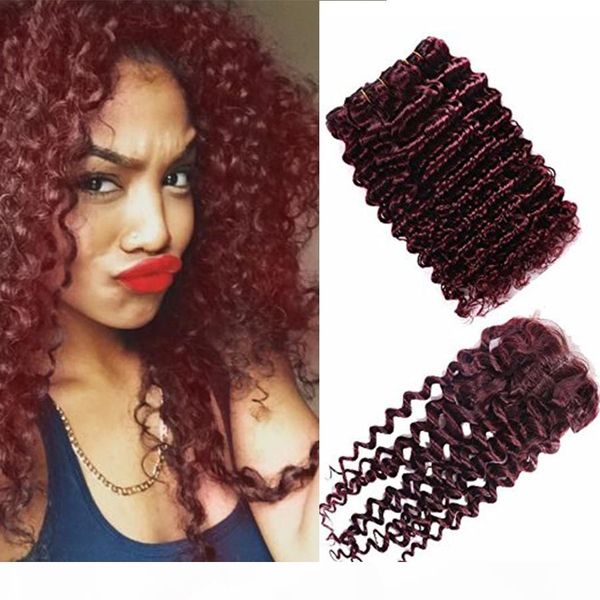 

deep wave 99j hair extension with 4x4 closure middle part 99j ear to ear closure with brazilian deep curly human hair 3bundles, Black;brown