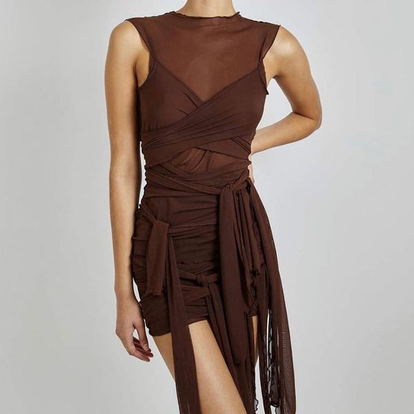 

women summer style dress women 2021 new arrivals sleeveless o neck mesh transparent brown night club dresses vestidos, Black;gray