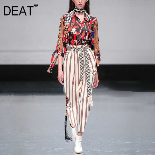 

[deat] summer fashion long sleeve double breasted printing shirt high waist pants women two-piece suit 13c971 210527, White