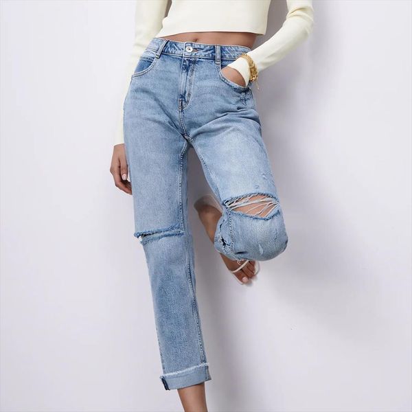 

za casual ripped straight leg womens jeans washed slim full length high waist mom denim pants pocket hole trousers ladies, Blue