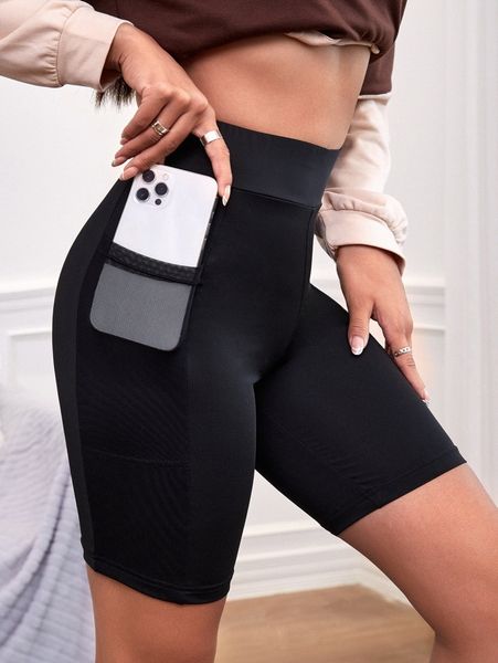 

wideband waist biker shorts with phone pocket 40wk#, Black