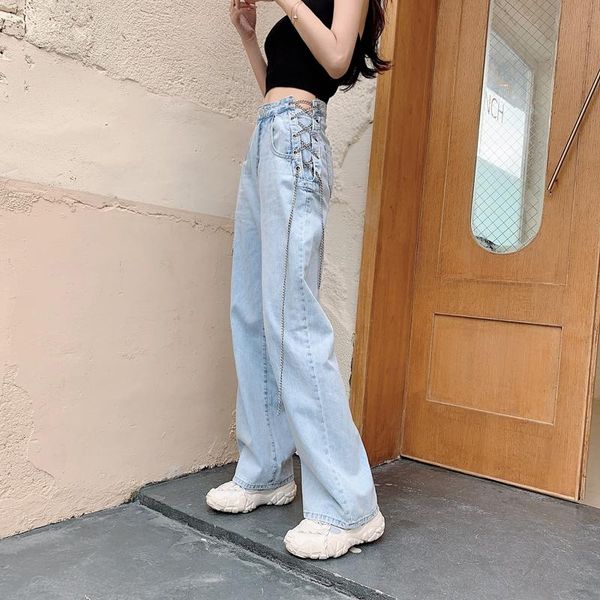 

women's jeans dance girl wear high waist chain woman streetwear hip hop pants punk fashion clothing ol holiday party casual long, Blue