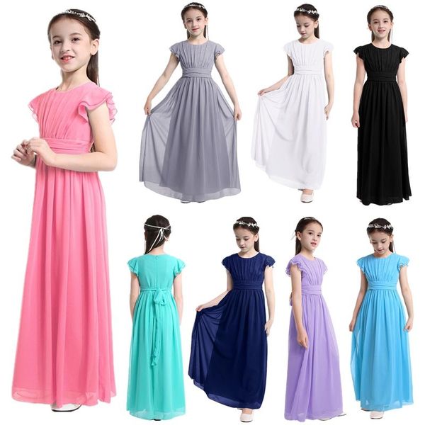 

girl's dresses kids flower dress for girls flutter sleeves pleated chiffon long pageant party bridesmaid summer childrens clothing, Red;yellow