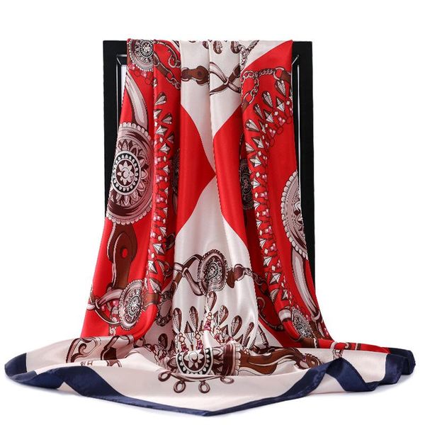 

scarves fashion 90x90cm kerchief women neck scarf chain print square shawls and wraps satin hijab female elegant headand, Blue;gray