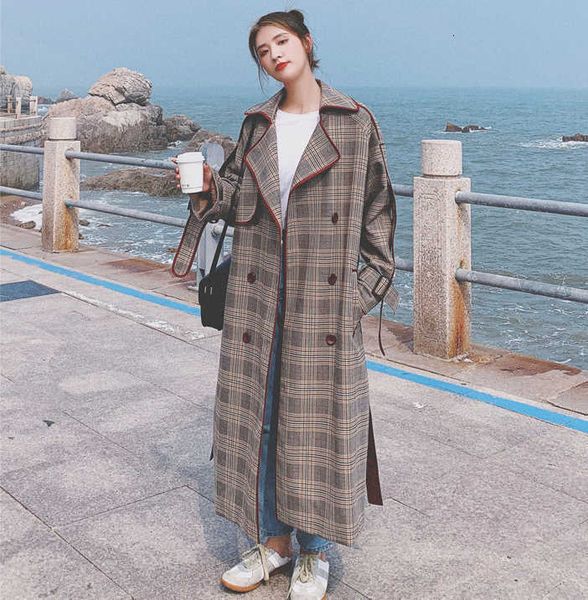 

plaid windbreaker slit trench women's mid length spring autumn 2021 new korean loose elegant retro british style jacket, Tan;black