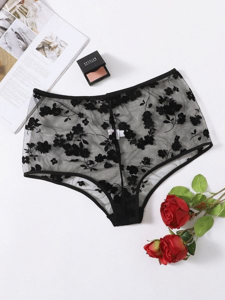 

plus floral print mesh panty s8ia#, Black;white