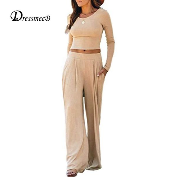 

women's two piece pants dressmecb solid casual pieces outfits women clothing long sleeves t shirts and sets female 2021 autumn 2 set, White