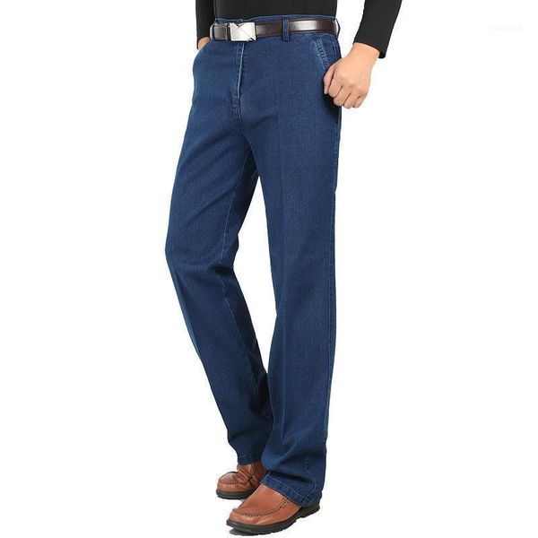 

men's jeans summer thin casual middle-aged high waist loose long classic denim pants male solid business straight for men1, Blue