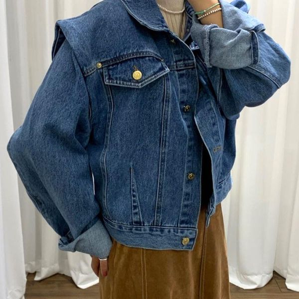 

women's jackets [ewq] 2021 spring female stand collar single breasted long-sleeved minimalist solid color blue denim jacket cardigan co, Black;brown
