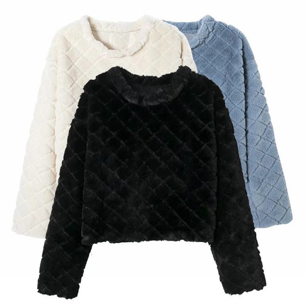 

women winter sweater faux fur plaid female soft sweaters solid casual autumn spring o-neck pullover fashion women clothing ll237 qeud, White;black