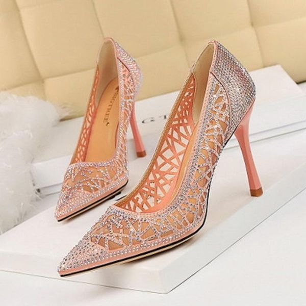 

dress shoes spring and autumn ladies fashion high heels mesh hollow shiny rhinestones shallow mouth pointed women's large size, Black