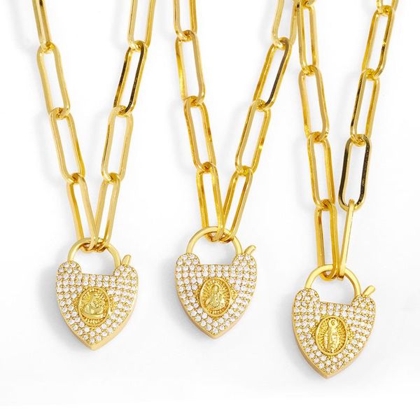 

pendant necklaces eyika retro filled zircon heart padlock gold link chain necklace for women rainbow virgin mary collar christian jewelry, Silver