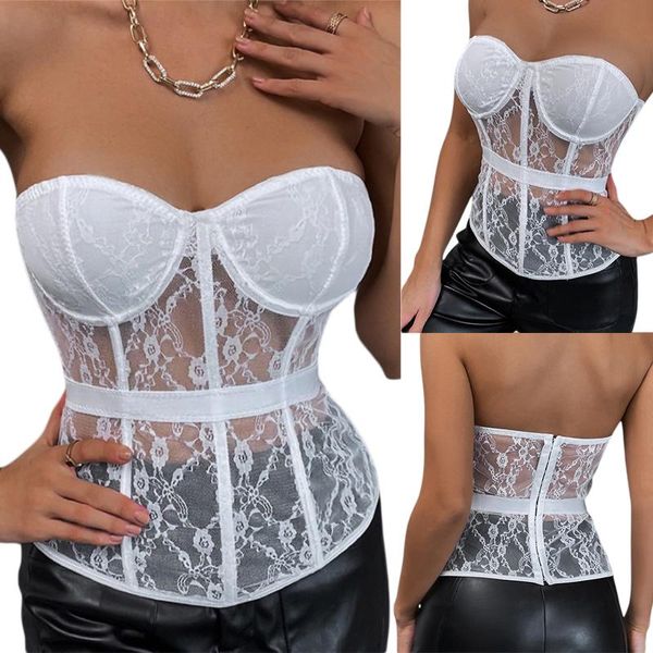 

belts ladies perspective fishbone corset girls floral pattern strapless mesh splicing back buckle slim camisole with underwire, Black;brown