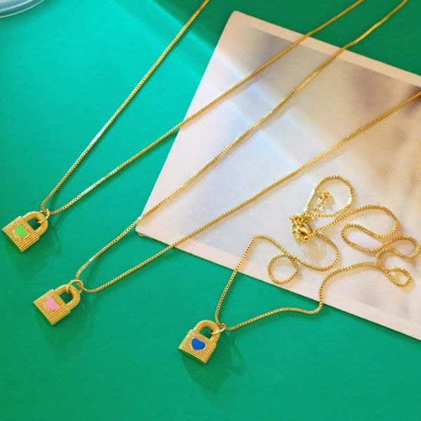 

pendant necklaces hip hop gold color metallic multicolor dripping glaze heart lock necklace simple box chain women fashion jewelry, Silver