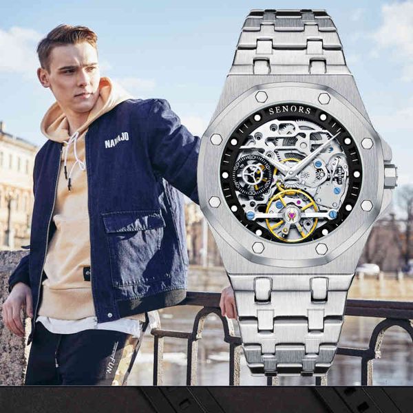 

clocks men 2021 brand luxury watches fully steel waterproof automatic mechanical tours, Slivery;brown