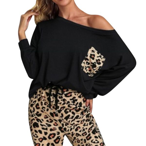 

women's two piece pants strapless two-piece suit european american autumn winter home casual female leopard print pocket t-shirt trouse, White