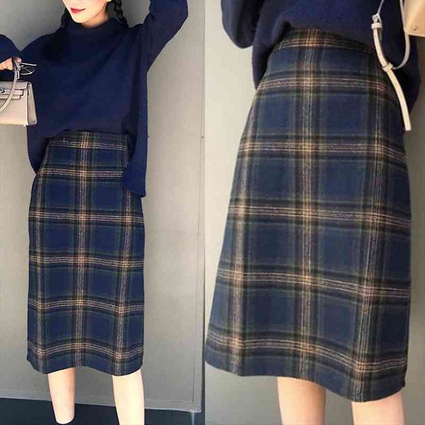 

korean fashion casual autumn winter womens skirt vintage blue gray plaid high waist warm faux woolen a-line plus size s-2xl, Black