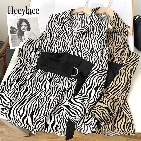 

2021 autumn long sleeve off-shoulder zebra print long blouse with girdle office ladies turn down collar 2 pcs shirts women, White