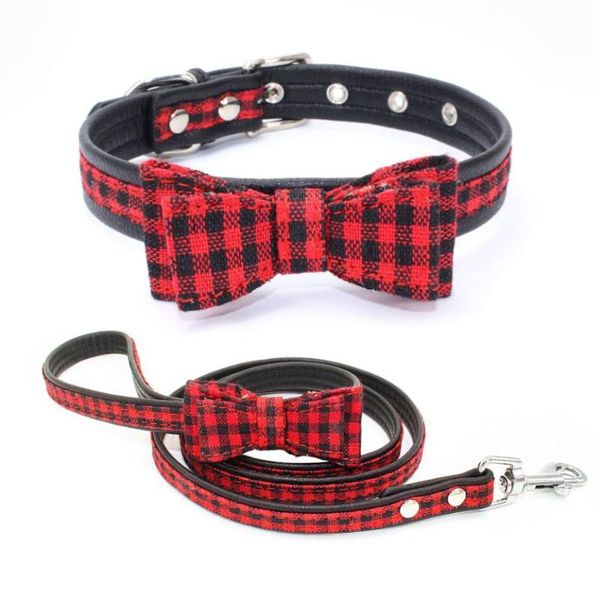 

new dog cat faux leather collar plaid&bow matching leash pet puppy necklace strap 2 colour 4 sizes