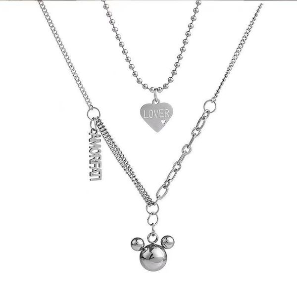 

chains potcet stainless steel multilayer heart-shaped letter bear titanium necklace pendant fashion hip hop party jewelry, Silver