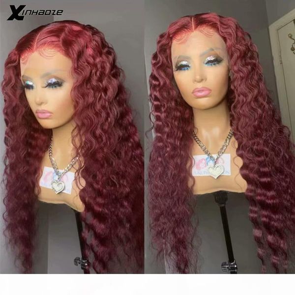 

dark 99j burgundy deep wave lace front human hair wigs with baby hair middle part 13*4 13*6 180 density curly lace wig for women, Black;brown