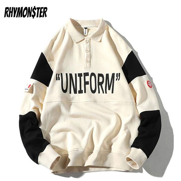 

men's hoodies & sweatshirts rhymonster color block patchwork sweatshirt letter printed turn-collar pullover streetwear hip hop mens hi, Black