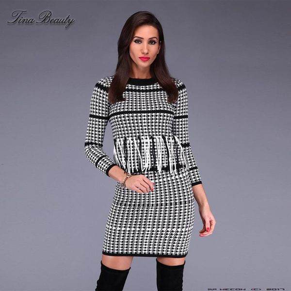 

casual dresses womens jacquard colorblock print tassel christmas dress o neck long sleeve bandage slim bodycon party vestidos, Black;gray