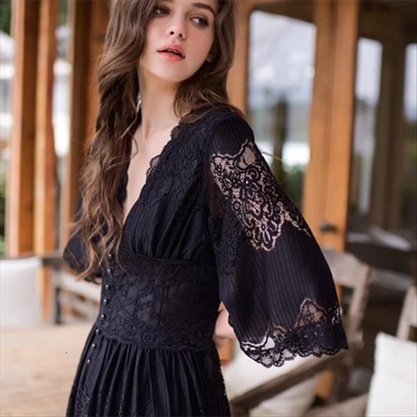 

long style lace women nightdress deep v outwear sleepwear, Black;red