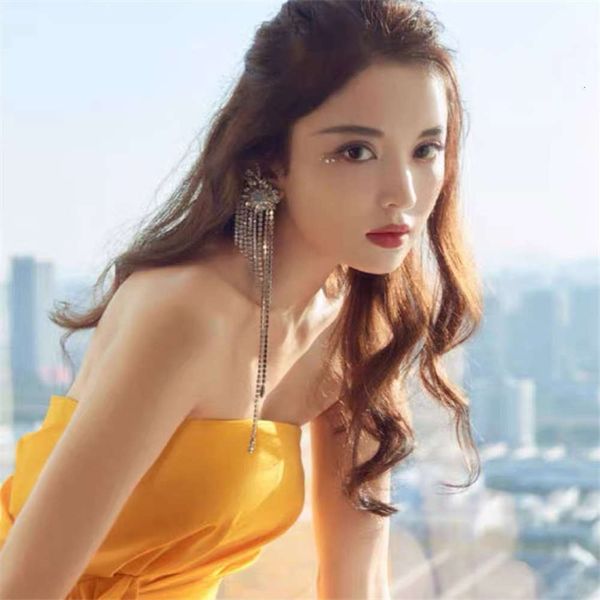 

hbp fashion temperament super long sparkle diamond tassel chain earring net red left ear single zircon flower plate silver needle earrings f