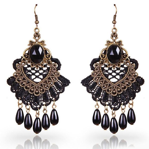 

dangle & chandelier vintage black lace drop earrings for women hollow out flower long earring gothic bijoux accessories, Silver