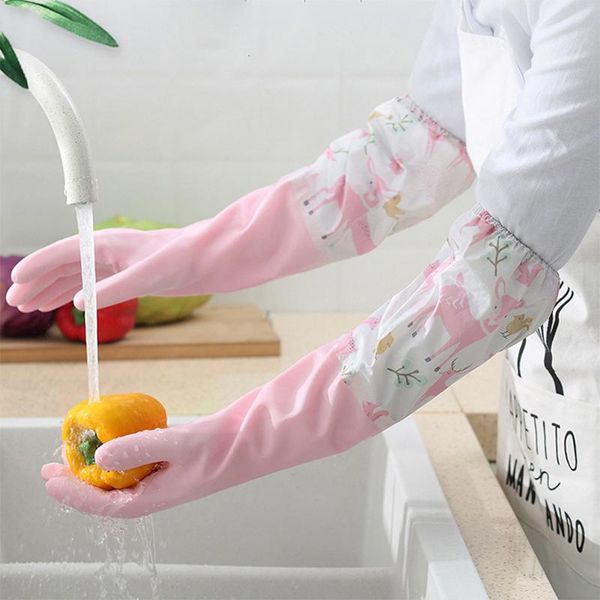 

disposable gloves dishwashing single layer household chore splicing sleeve waterproof plush elastic band mouth rubber