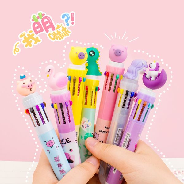 

multi-color creative ball point pen 6 colors / 10 cute cartoon animal student stationery multifunctional push oil, Blue;orange