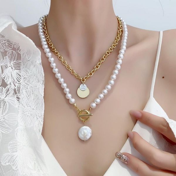 

chokers 2pcs korean fashion imitation pearl necklaces for women goth metal sequin pendant gold color chains choker collar kpop jewelry, Golden;silver
