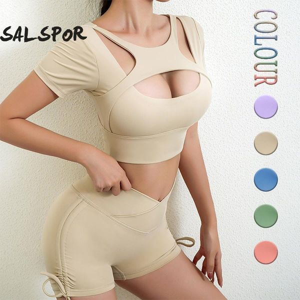 

yoga outfit salspor short sleeve sportswear women fitness gym suit hollow crop workout set drawstring summer shorts sport