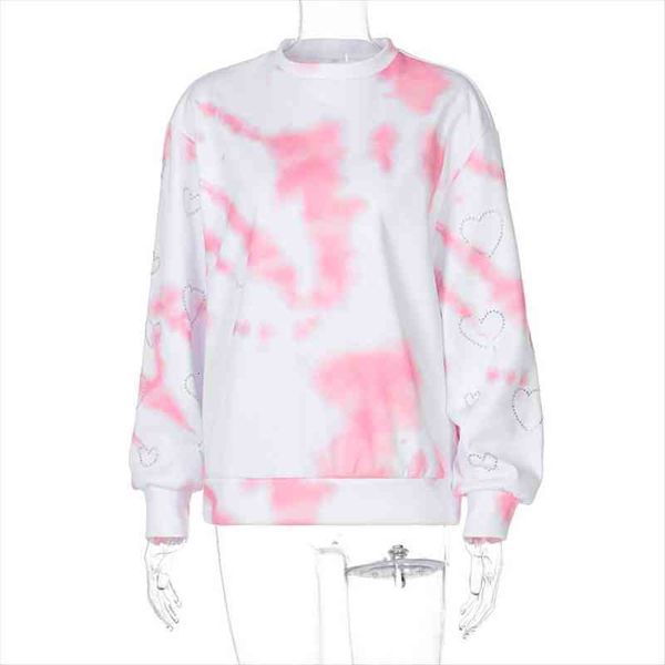 

tie dye rhinestone heart-shaped women long sleeve sweatshirt pullover loose streetwear casual autumn winter club, Black