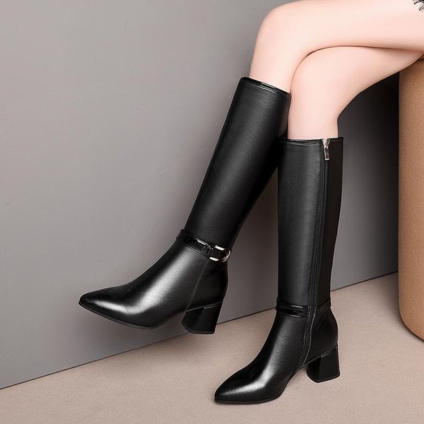 

boots slim female big size riding buckle high heels night club shoes woman winter warm long women knee, Black