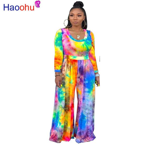 

women's jumpsuits & rompers colorful tie dye wide leg jumpsuit women scoop neck high waist one piece overalls causal long sleeve loose, Black;white