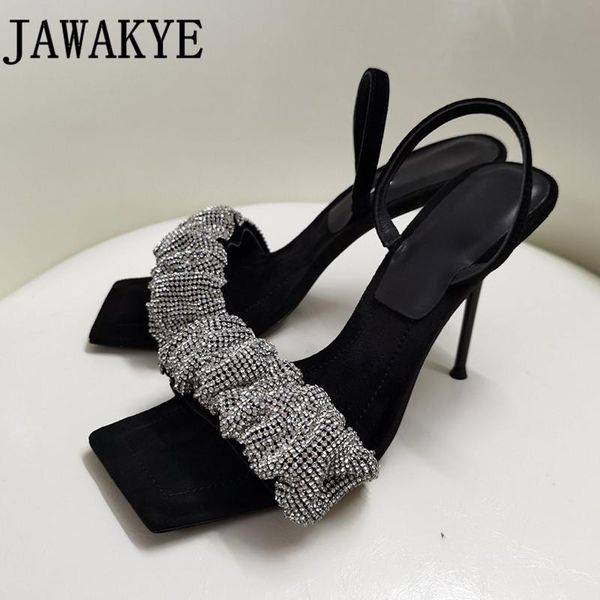 

sandals brand flock crystal stiletto woman square toe back strap high heels women nightclub party pumps summer shoes, Black