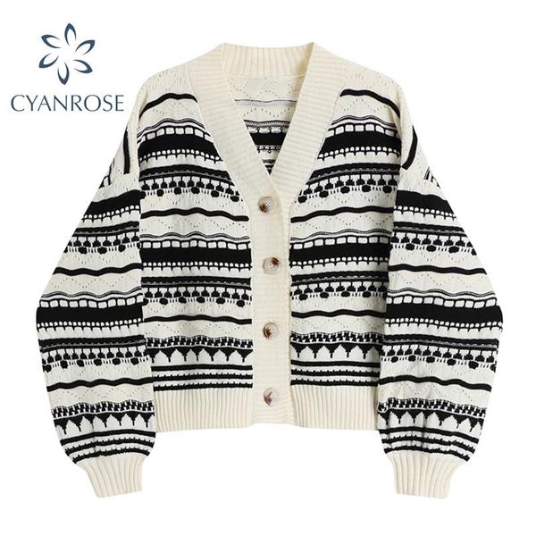 

2021 spring women's cardigan sweater for casual ladies single breasted v neck long sleeve knitwear striped retro ins knitted top, White