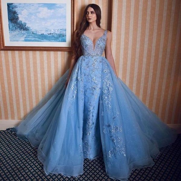 Abiti da sera a sirena di lusso blu cielo con gonna a strascico staccabile Applicazioni di perline Abito da ballo formale in tulle su misura Robe De Soiree