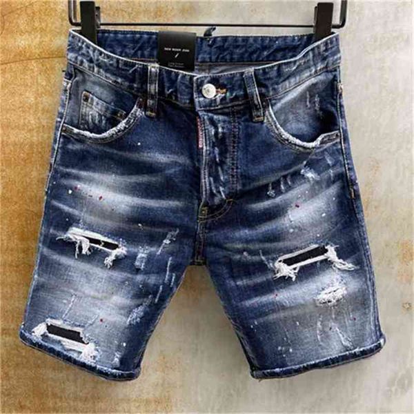 Estilo de verão famosa marca dsq itália jeans homens shorts calças jeans em linha reta pintura magro buraco azul para 210723213e